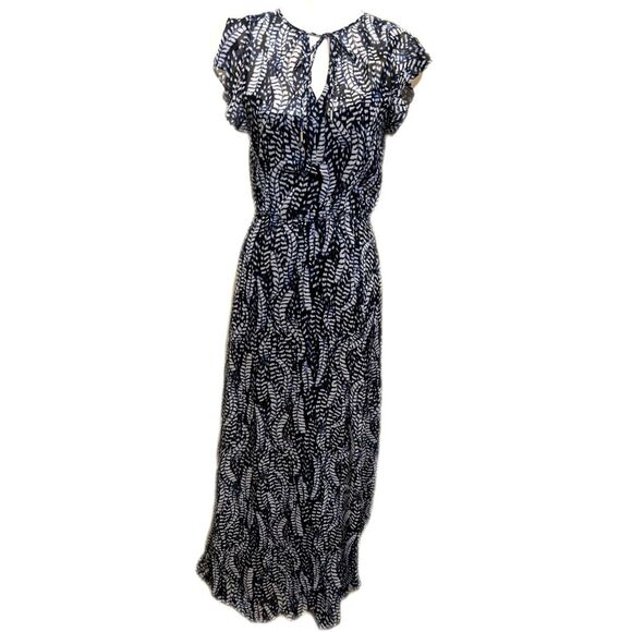 White House Black Market feather design, flutter sleeve, blk wht blue maxi XXS - Picture 1 of 9